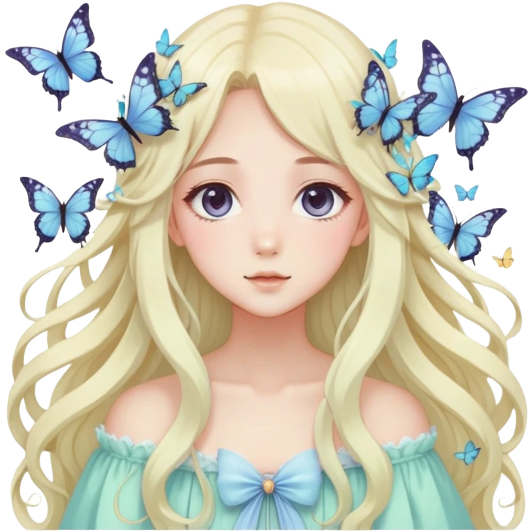 gorgeous anime pastel lady with butterflies and beautiful hair fairycore cottagecore emoji