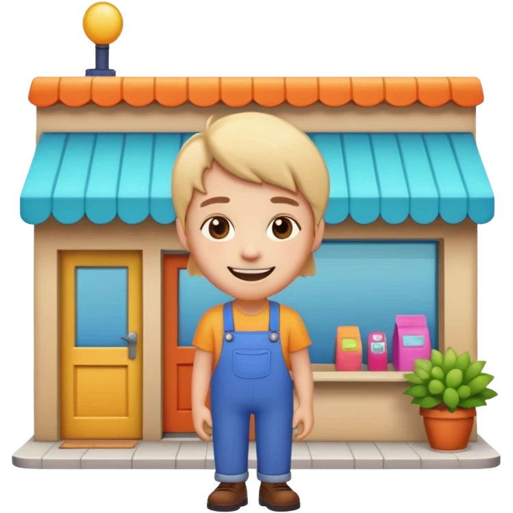  2D line-drawn character + small bright shop emoji