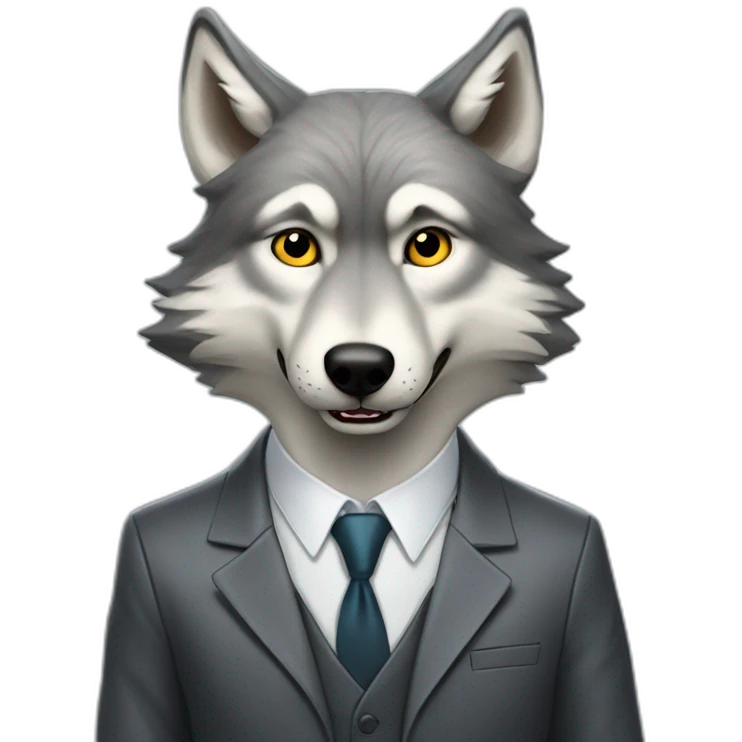 Portrait of a gray wolf showing fangs with a human-like face wears a sleek jacket and tie like a salesman reading a book emoji