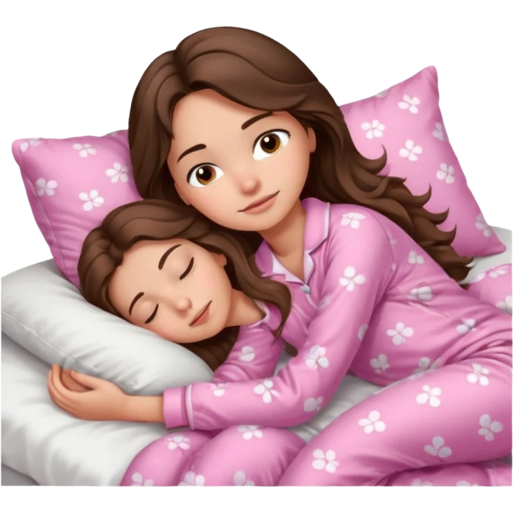 Brunette girl with long wavy brown hair with brown eyes and sleeping on a withe bed with cute pink pjs emoji