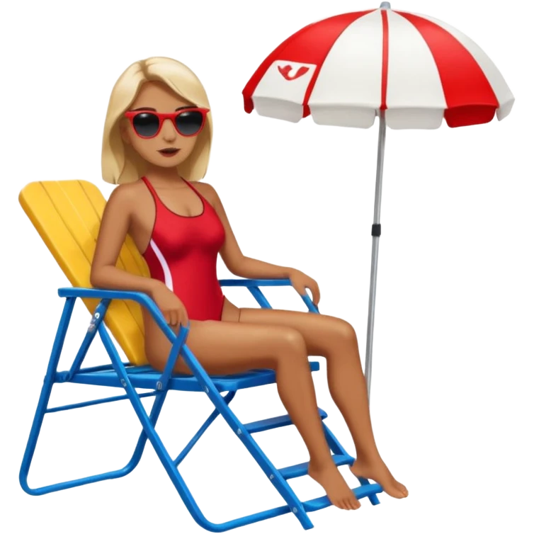 Female lifeguard – red swimsuit, sunglasses, sitting on tall lifeguard chair. emoji