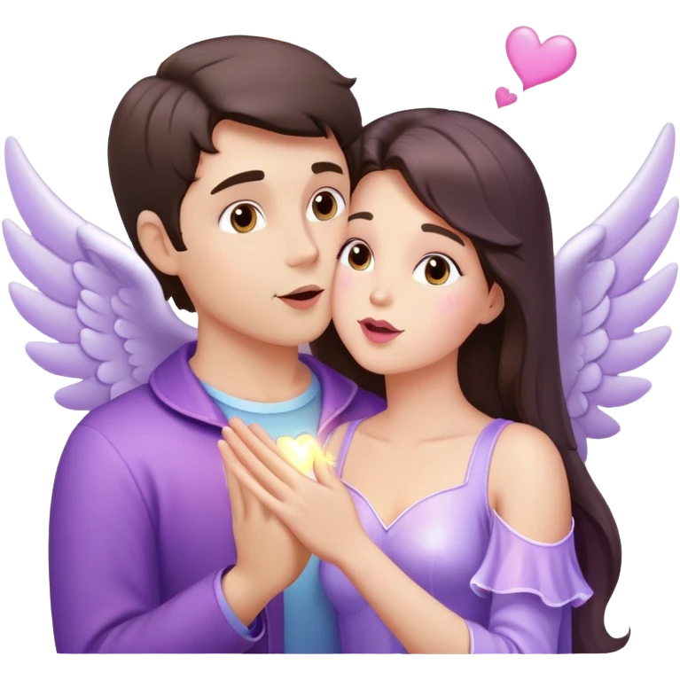 White brunette man human with rays of light Heart kisses a pastel purple angel woman emoji