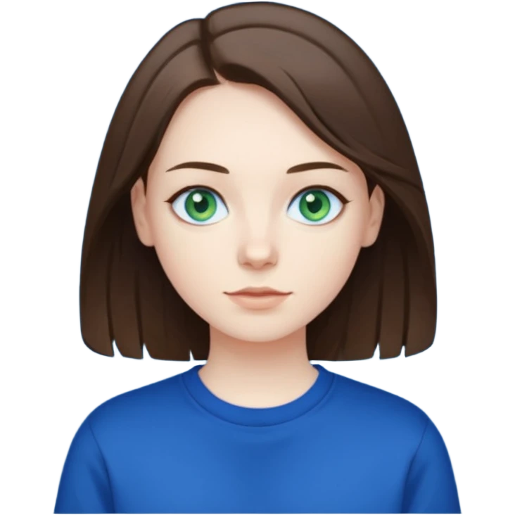 blue/green eyes , pale skin , brunette hair , white t-shirt with a dark blue sweatshirt over too emoji