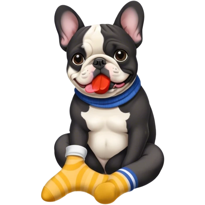 Black and white French bouledogue eating a sock emoji