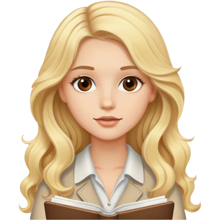 Blonde model with brown eyes, long wavy hair, writing in a notebook emoji