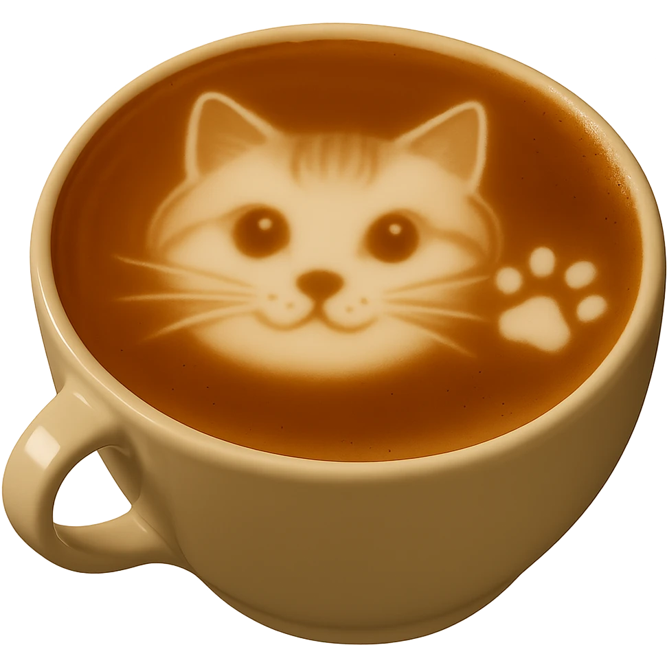 Add a small paw print latte art next to the cat face on the latte. Keep realistic texture and gentle lighting. No background. Maintain the realistic latte art style as in the reference image. emoji