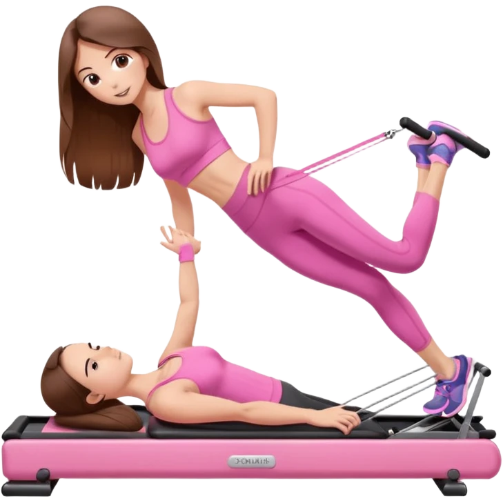 long brown hair girl doing a plank on a pilates reformer in a pink workout set emoji