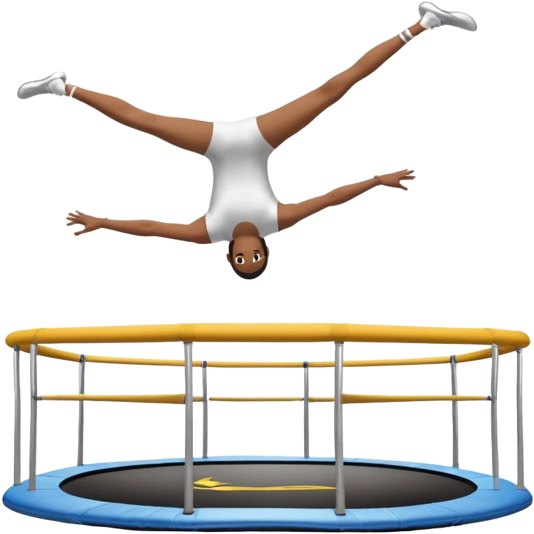 An athletic person soaring high above a trampoline, executing an acrobatic flip with perfect form. The scene captures motion and energy, with a dynamic pose, stretched limbs, and a focused expression. The background suggests a professional trampoline arena with safety padding. emoji