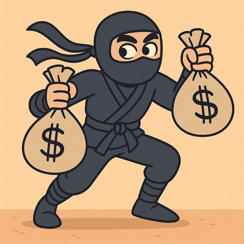 a ninja holding money bags, dynamic pose, simple background emoji