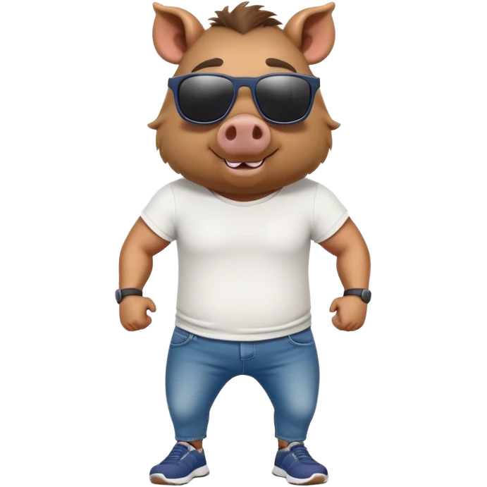 friendly anthropomorphised boar in jeans and a t-shirt, wearing dark sunglasses, jogging upright, relaxed pose emoji
