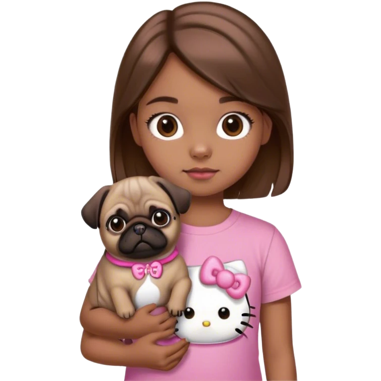 Young Girl with pink hello kitty shirt brown hair and brown eyes and brown pug emoji