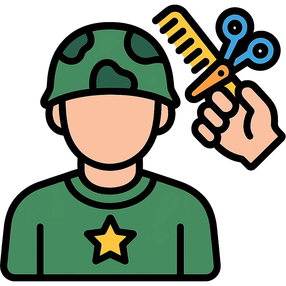 a soldier man getting a haircut, color outline icon style emoji