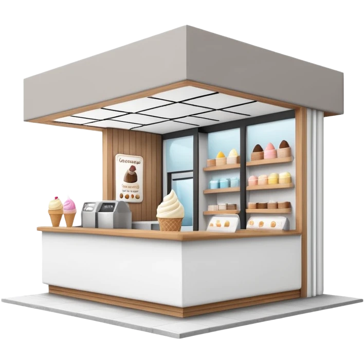 ice cream store at an angle, modern building wood, gray, white materials modern, at an angle emoji
