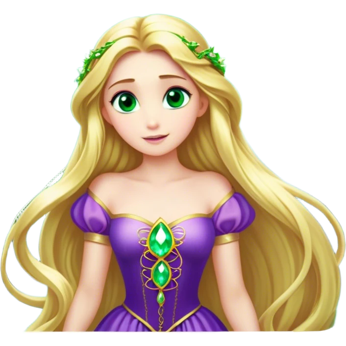 Cinematic Stunning Rapunzel Portrait Emoji, Golden hair cascading in a luminous waterfall, big emerald-green eyes full of wonder, wearing her iconic purple gown, radiating beauty and magic, glowing with fairy-tale charm! emoji