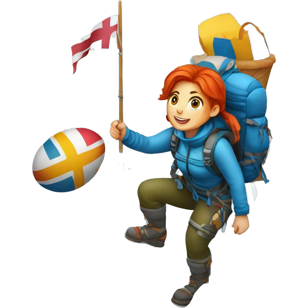 Female winter mountain climber red hair climbing with Greek flag on backpack and holding Easter eggs basket emoji