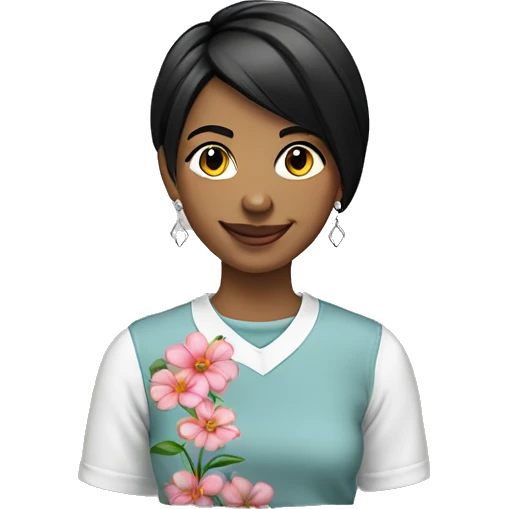 smiling girl with flower earrings black short hair packing a custom shirt order emoji