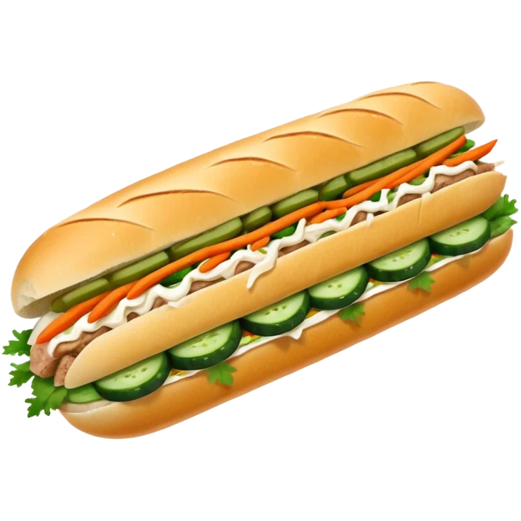 traditional banh mi with char grilled pork


    Very crusty baguette

    Mayo 

    Pickled carrot 

    Cucumber, coriander/cilantro, green onion, chilli 
 emoji