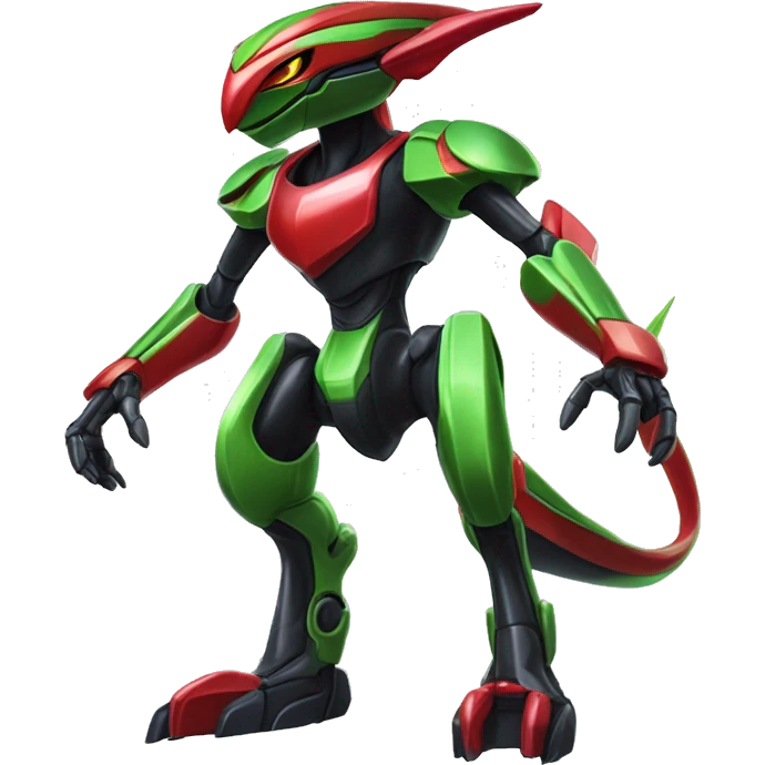 a shiny black-green-red Genesect-Flygon-Raptor-Fakémon-Medabot-hybrid with a futuristic visor-helmet full body emoji