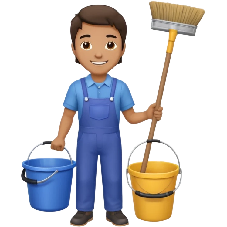 man in cleaning clothes, holding a broom and a bucket emoji
