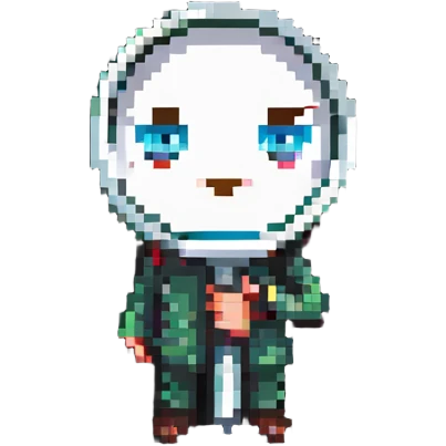 A pixelated character looking through a magnifying glass emoji