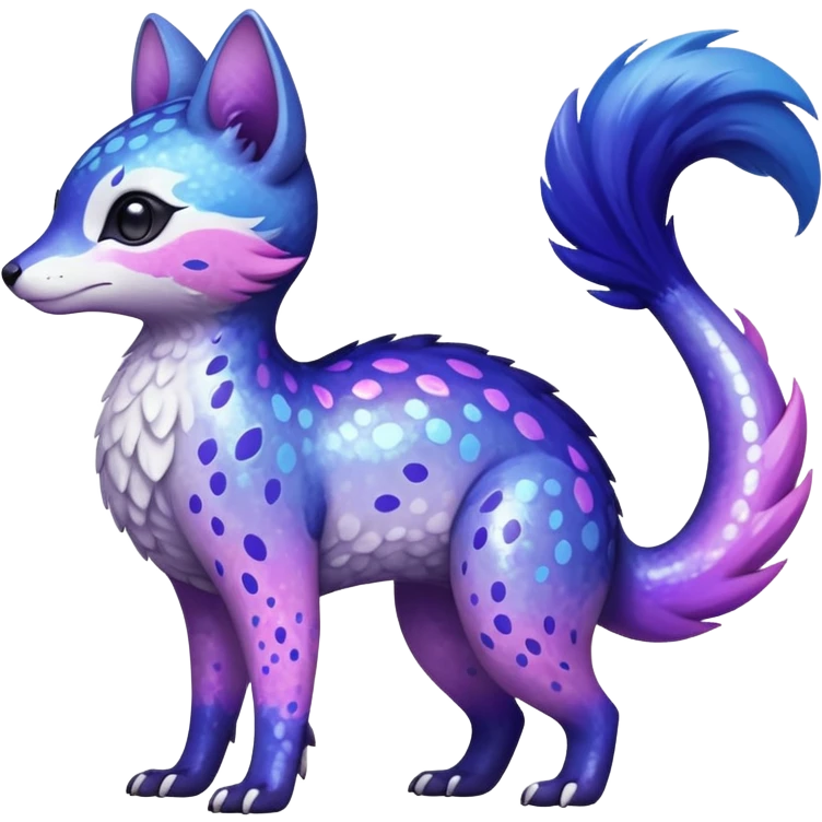  Flecked speckled oriental Hyper-realistic Shiny iridescent glossy oily smooth silky soft White with indigo-Violet-purple-pinkish-gradient markings beautiful handsome gorgeous aesthetic colorful vibrant Vernid-Trico-species-Fakemon-creature by LiLaiRa, 4 legs, 1 tail, random markings, (full body) emoji