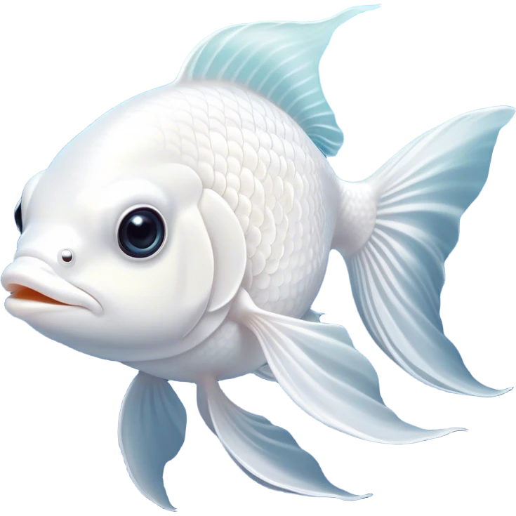 Cinematic Noble White Goldfish Portrait Emoji, Poised and regal, with a sleek, streamlined build and a luminous, pure white body, deep-set soulful pale eyes, Simplified yet sharp and sophisticated features, highly detailed, glowing with a soft, dignified glow, high shine, intelligent and graceful, stylized with an air of aquatic purity, focused and attentive, soft glowing outline, capturing the essence of a watchful and confident aquatic companion, so majestic it feels as though it could glide out of the screen with effortless authority! emoji