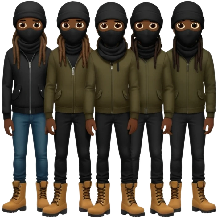 Group of African American men with dreadlocks wearing black ski masks covering their face wearing black skinny jeans and black timberland boots emoji
