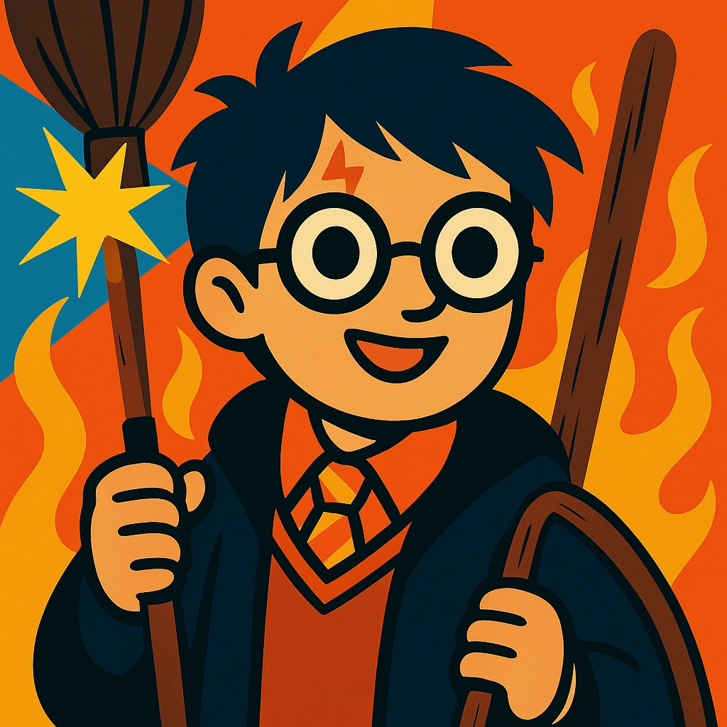 Add a broomstick to Harry Potter, keep glasses, lightning scar, and wand, vibrant cartoon style emoji