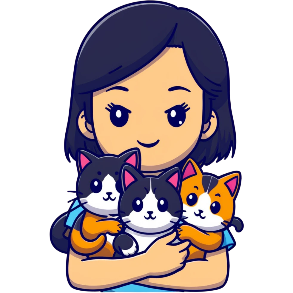 teenage girl with black hair with brown highlights with two cats that are tri-colored (black, orange, and white) emoji