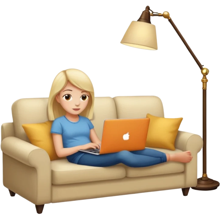 A girl is working with a laptop while lying on a sofa, with a floor lamp to the right. emoji