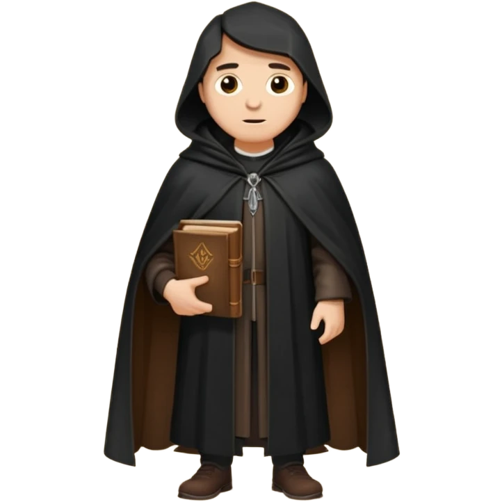 A wandering philosopher in a long black cloak with a book full height emoji