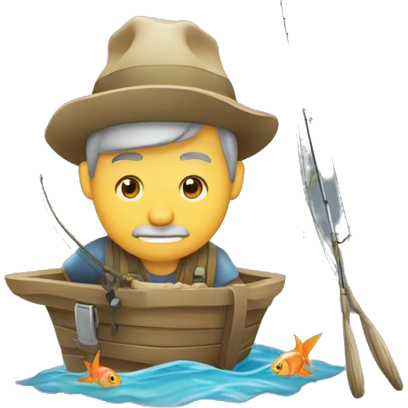 pescador sentado no barrando em frente ao rio com peixe fisgado emoji