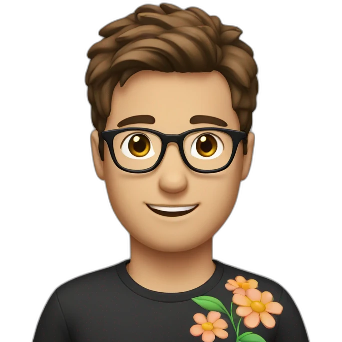 brown hair up guy wearing glasses and dark t-shirt with flower print emoji