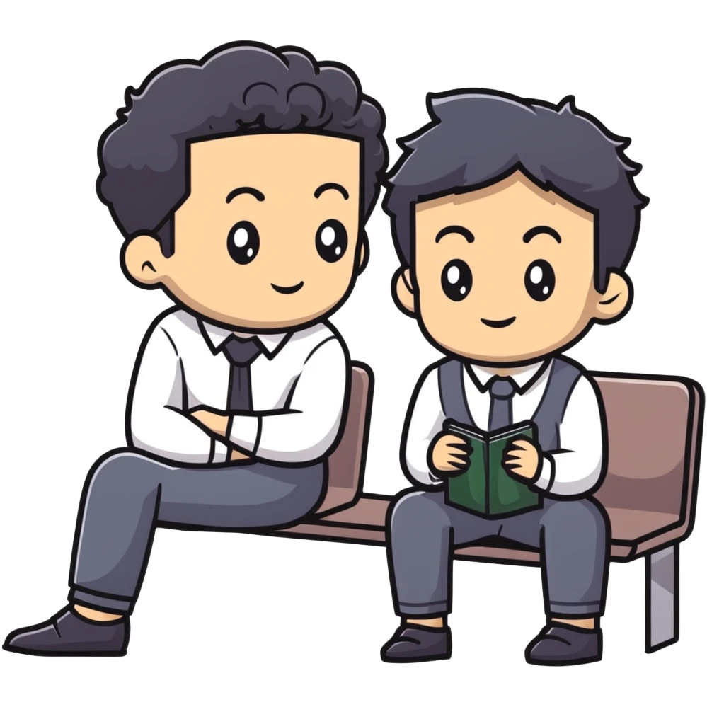 Management educator with black wavy hair, stubble, strong features, white skin, smart casual attire, sitting with a young professional, providing career guidance and mentorship, thoughtful listening expression emoji
