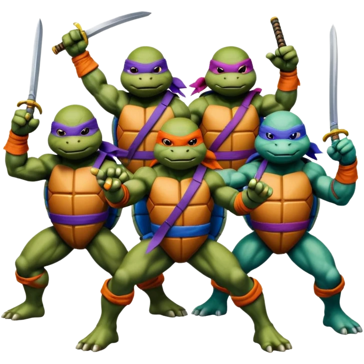 Give me a picture of 4 teenage mutant ninja turtles. Make them hold a fighting pose. One should be red, another orange, another purple, another blue emoji