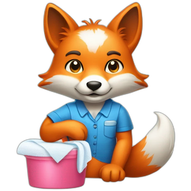 a gender neutral fox from a house keeping company with a stack of folded clean cloth and detergent in his hands emoji