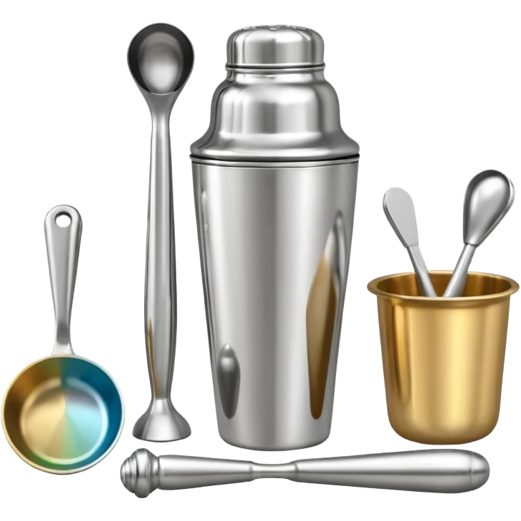 A metal shaker set including a shaker, jigger, and muddler neatly placed on the counter.
 emoji