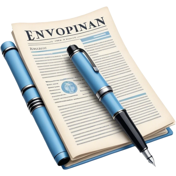 Create an emoji representing journalism and publicistic writing. The design should feature an open newspaper or a stack of articles with visible text columns, symbolizing opinion pieces and analysis. A classic fountain pen or ballpoint pen should be placed near the papers, indicating the act of writing. Optionally, include a small microphone or a press badge to emphasize investigative and journalistic aspects. Use neutral and professional colors like black, white, and muted blue or red. Do not include any emojis or smiley faces. Make the background transparent. emoji