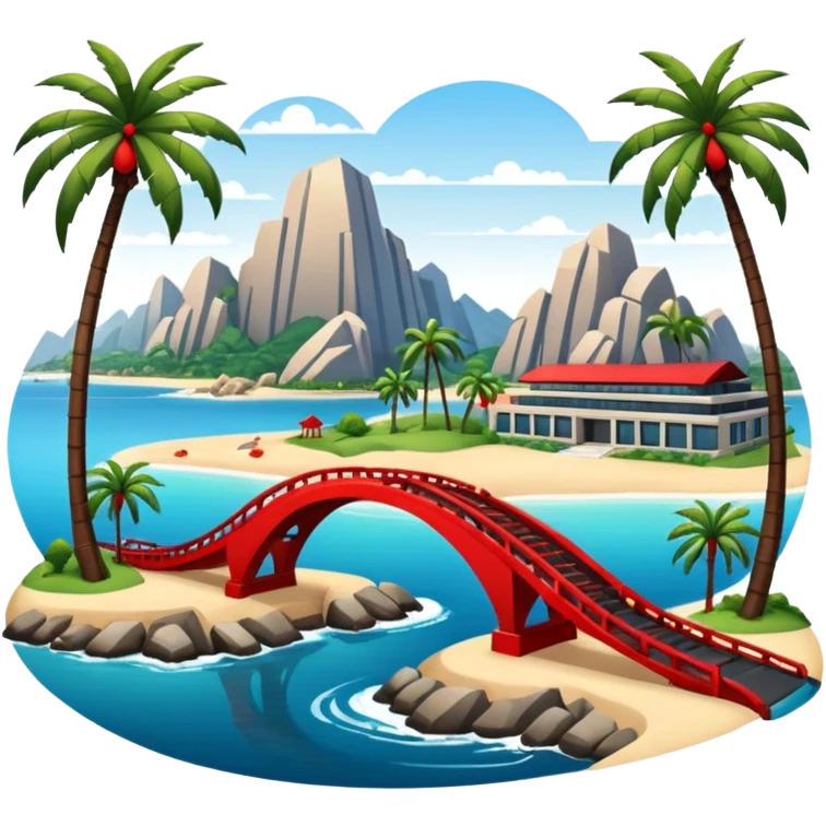 advanced modern island with advanced infrastructure, parks, contemporary architecture, beaches with palm trees, and a red bridge on one side emoji