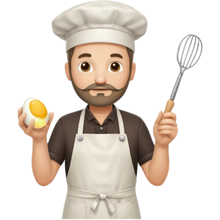 Middle aged male pastry chef - with a small beard, apron, white hat, holding an egg beater in his right hand, and his left hand naturally hanging down to his side emoji