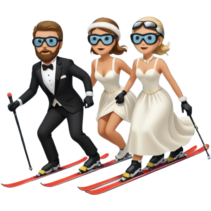 a couple skiing they both have ski helmets and goggles on , man with a beard in a tux and woman in a wedding dress on their skiis going down a slope.  emoji