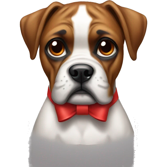 Boxer dog with a red bow on her neck and no bow on her head emoji
