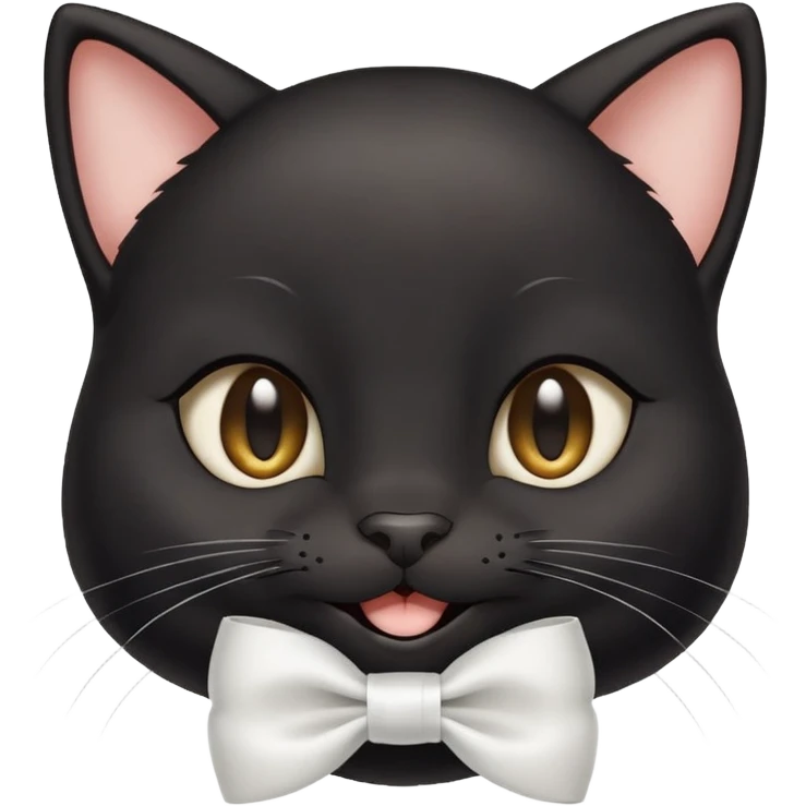 A cute black cat with mole above left side eye smiling with smiley eyes and having a white ribbon at right side of head emoji