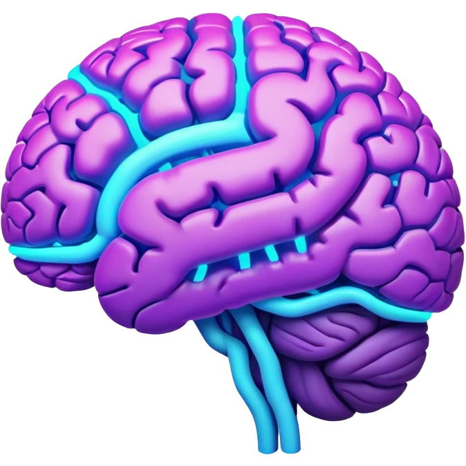 brain with neon glow effect, blue neon glow on top left, purple neon glow on bottom right emoji