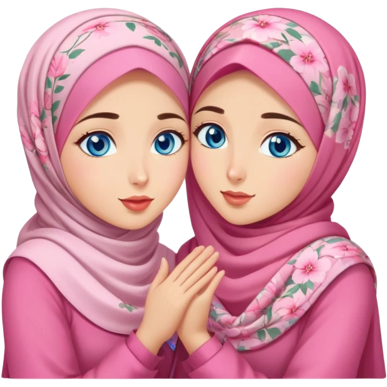 Two friendly Turkish girls beautiful finish Konya blue eyes with pink floral hijab and dress and Scattering kisses outside  emoji