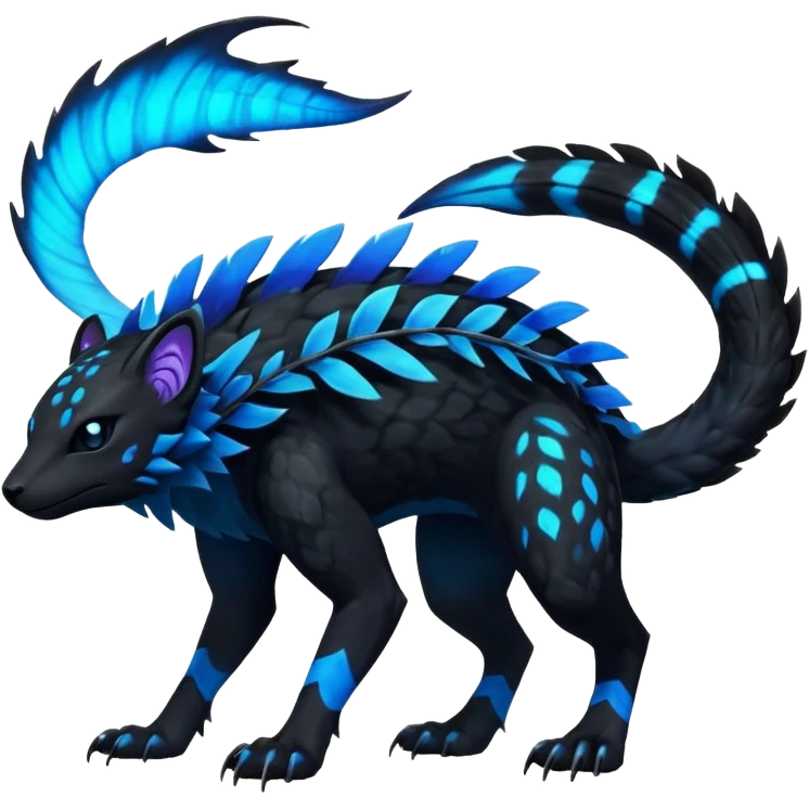 Rare realistic dark black with glowing blue bioluminescent edgy badass epic pretty beautiful handsome gorgeous aesthetic colorful vibrant Vernid-Trico-species-Fakemon-creature by LiLaiRa, 4 legs, 1 tail, random markings, (full body) emoji