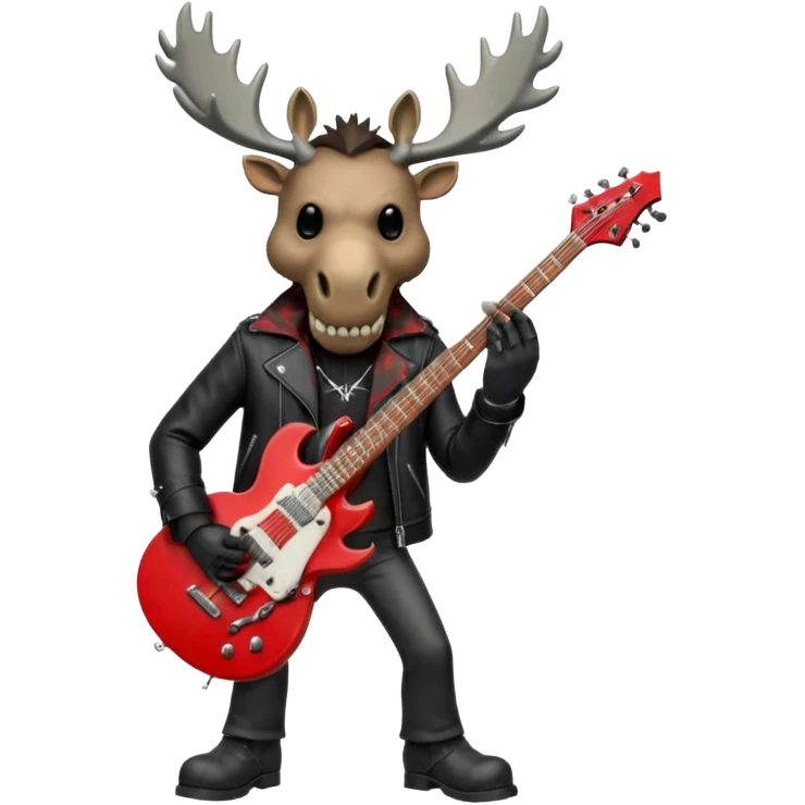 A evil moose headed man with a red electric guitar. The guitar should be pointing directly in the air. And the moose man should look evil and intimidating. match the style of your bleeding skull art , it needs to be much "less cartoonist looking". emoji