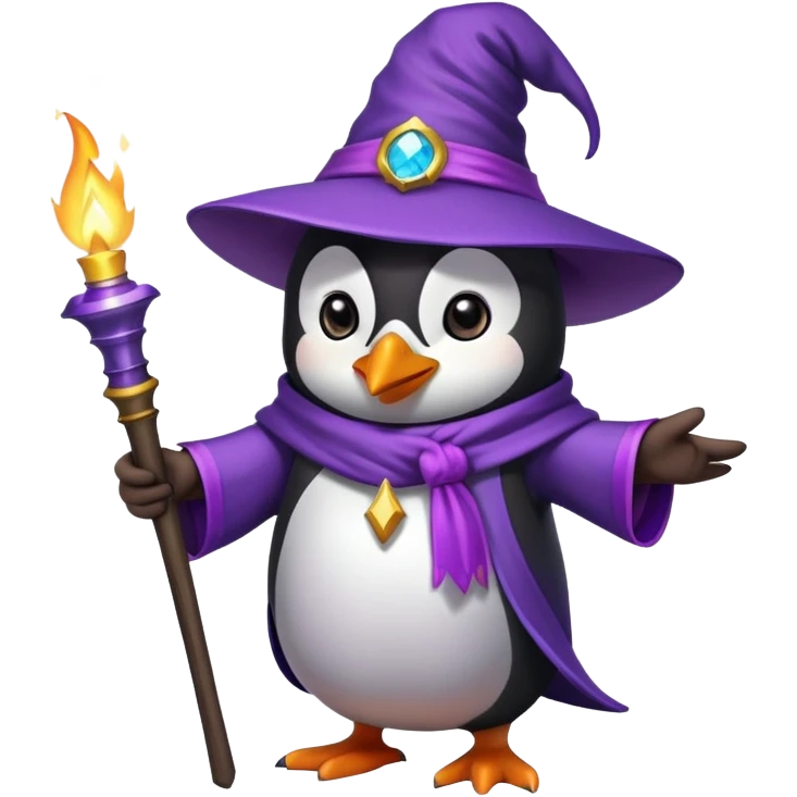 Wizard pinguin with purple magican hat, holding torch emoji