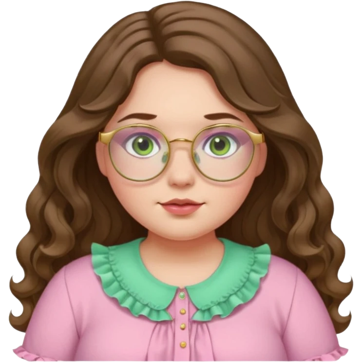Girl girl long wavy brown hair with middle part, pale green eyes, plus size, pink frilly shirt, gold rimmed glasses emoji