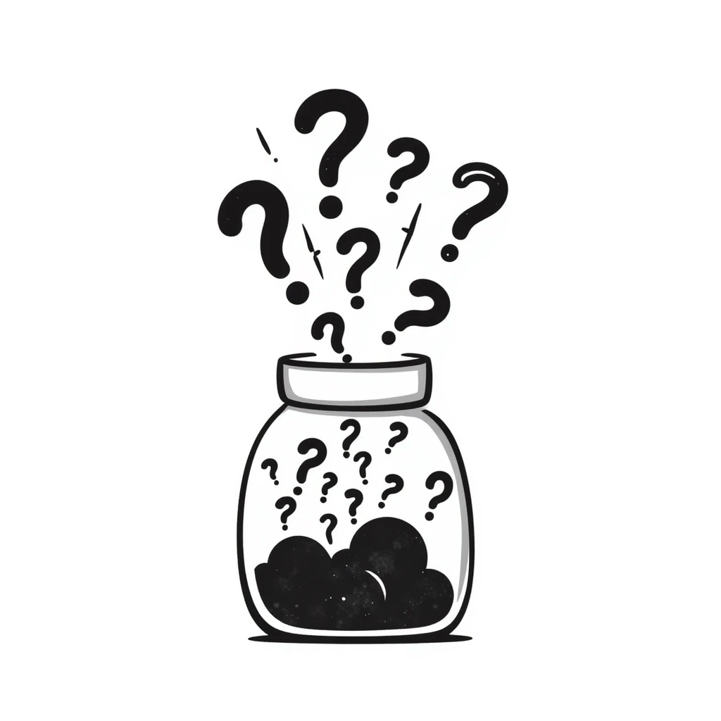 glass jar filled with question marks, hand-drawn doodle style emoji